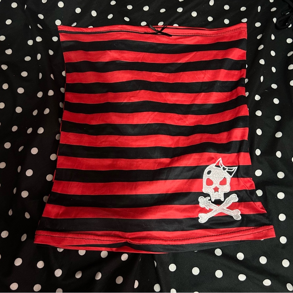Red and Black Striped Tube Top with Skull Design